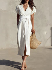 Casual Minimalist Solid-color V-neck Midi Dress with Pockets and Lacing