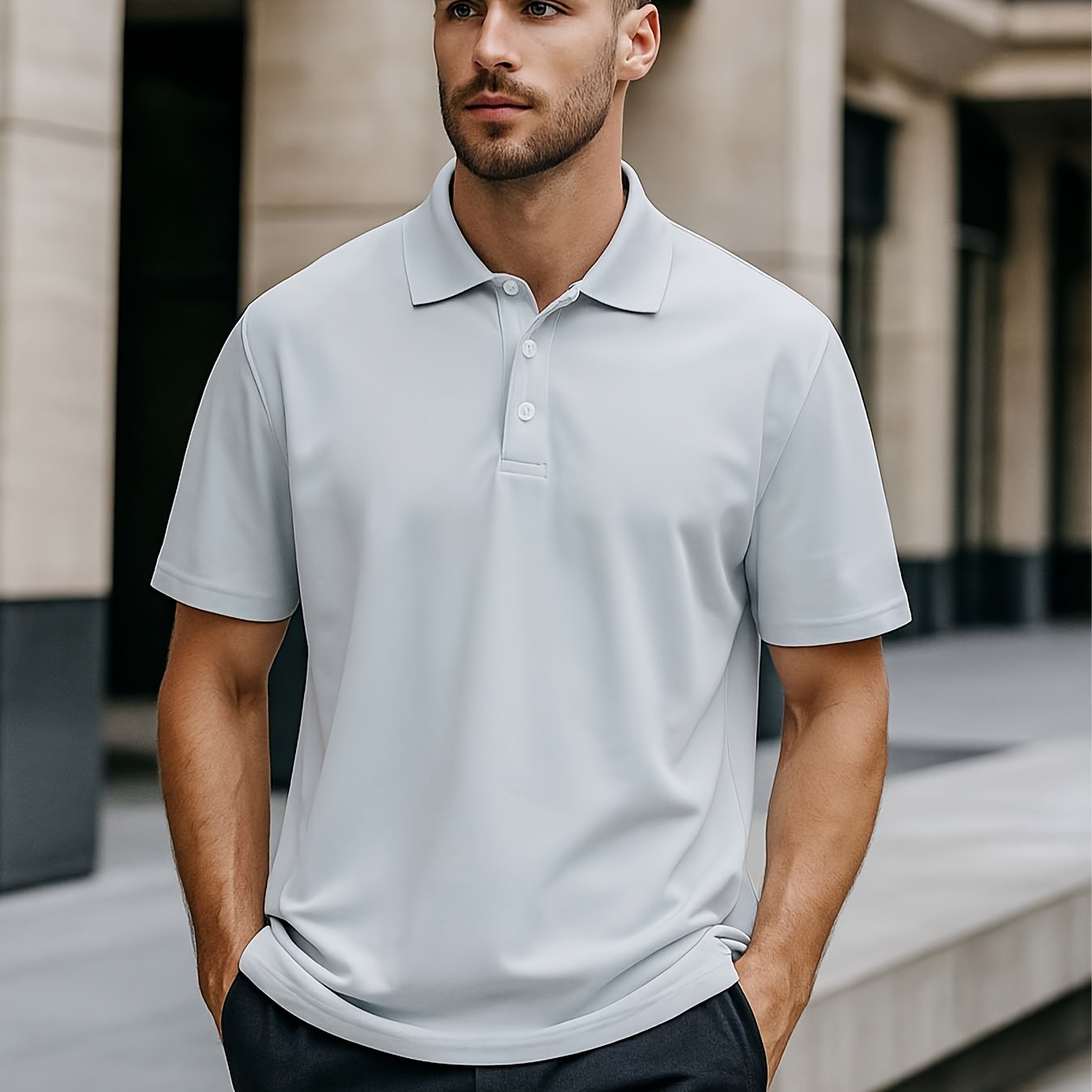 Men's Short Sleeve Button-Up Collar Polo Shirt in Polyester