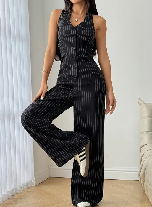 Casual Striped Front Button Sleeveless Jumpsuit