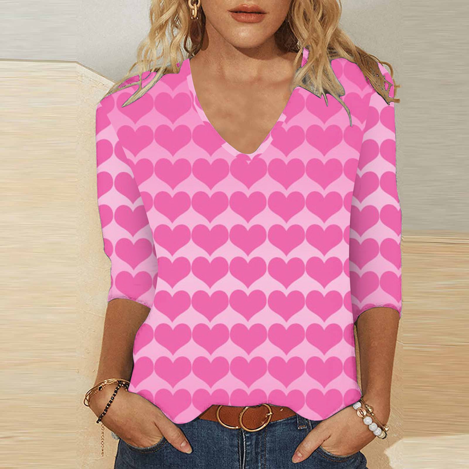 Cute Valentine's Heart V-Neck 3/4 Sleeve Casual T-Shirt