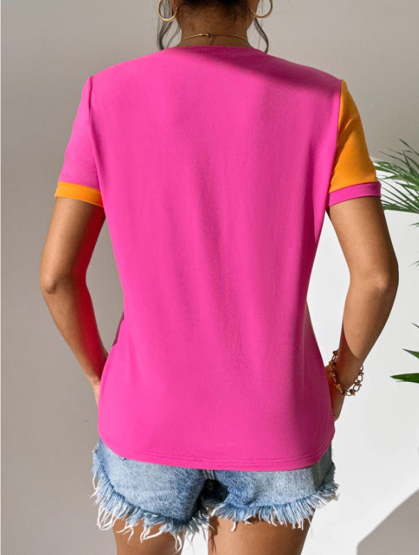 Casual Colorblock Short Sleeve Round Neck Tee
