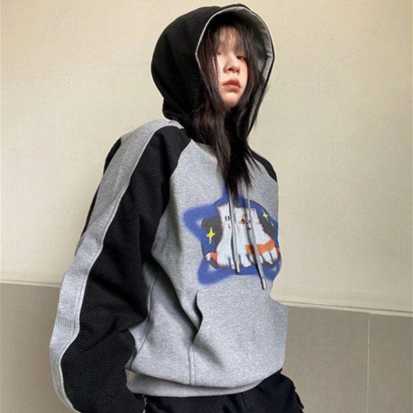 Retro Starry Cat Oversized Hoodie for Women