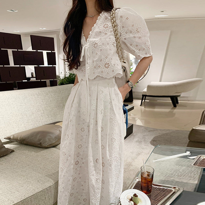 Embroidered Top High Waist Pleated Skirt Two-piece Set