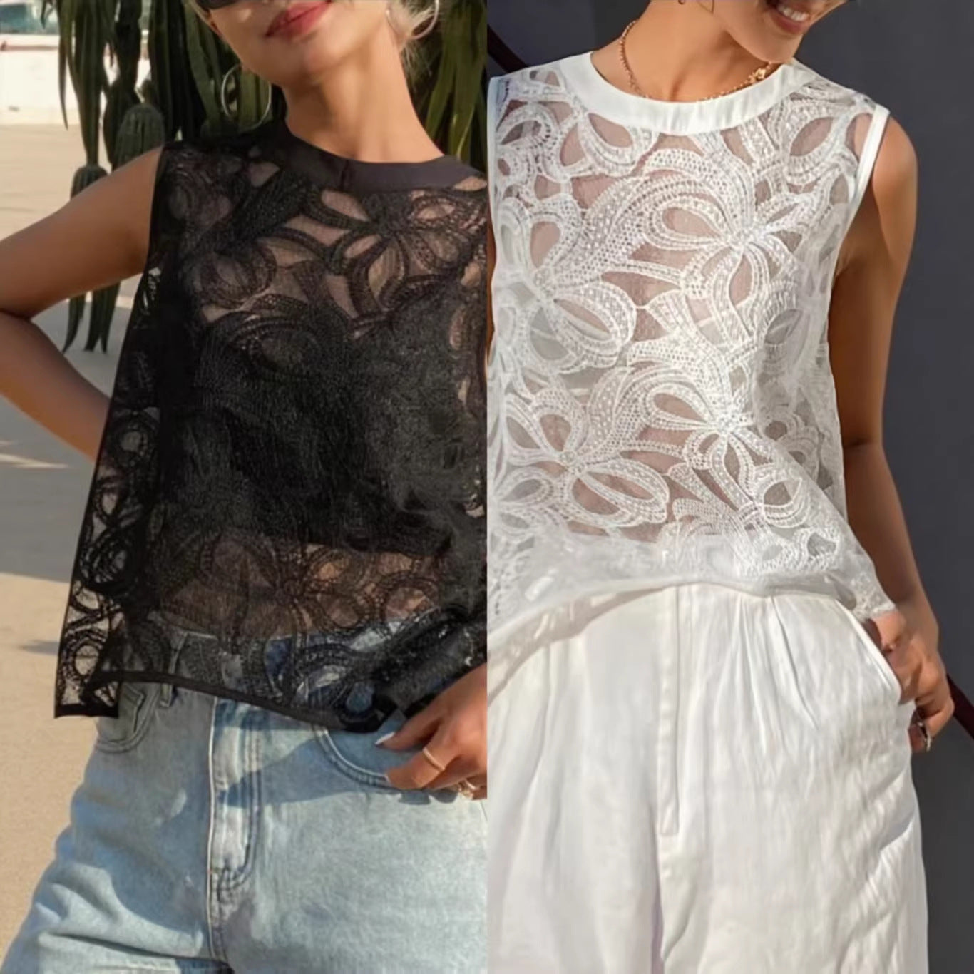 Elegant French Lace Open-Back Vest – Loose Fit Women’s Top