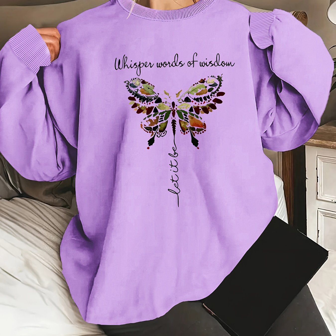Women's Oversized Butterfly Graphic Long Sleeve Sweatshirt, Round Neck, Casual, Machine Washable