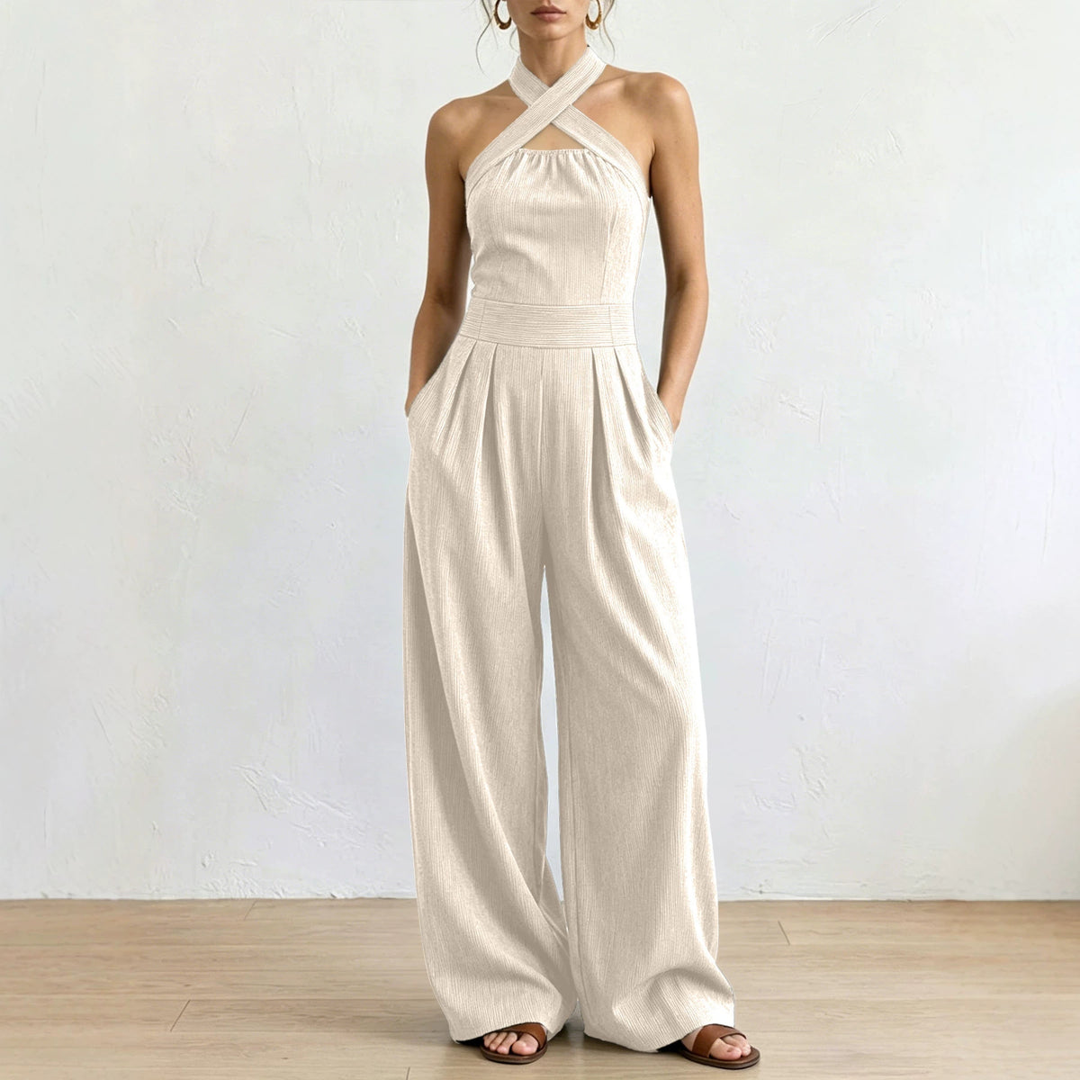 Chic Off-Shoulder Halter Wide-Leg Jumpsuit
