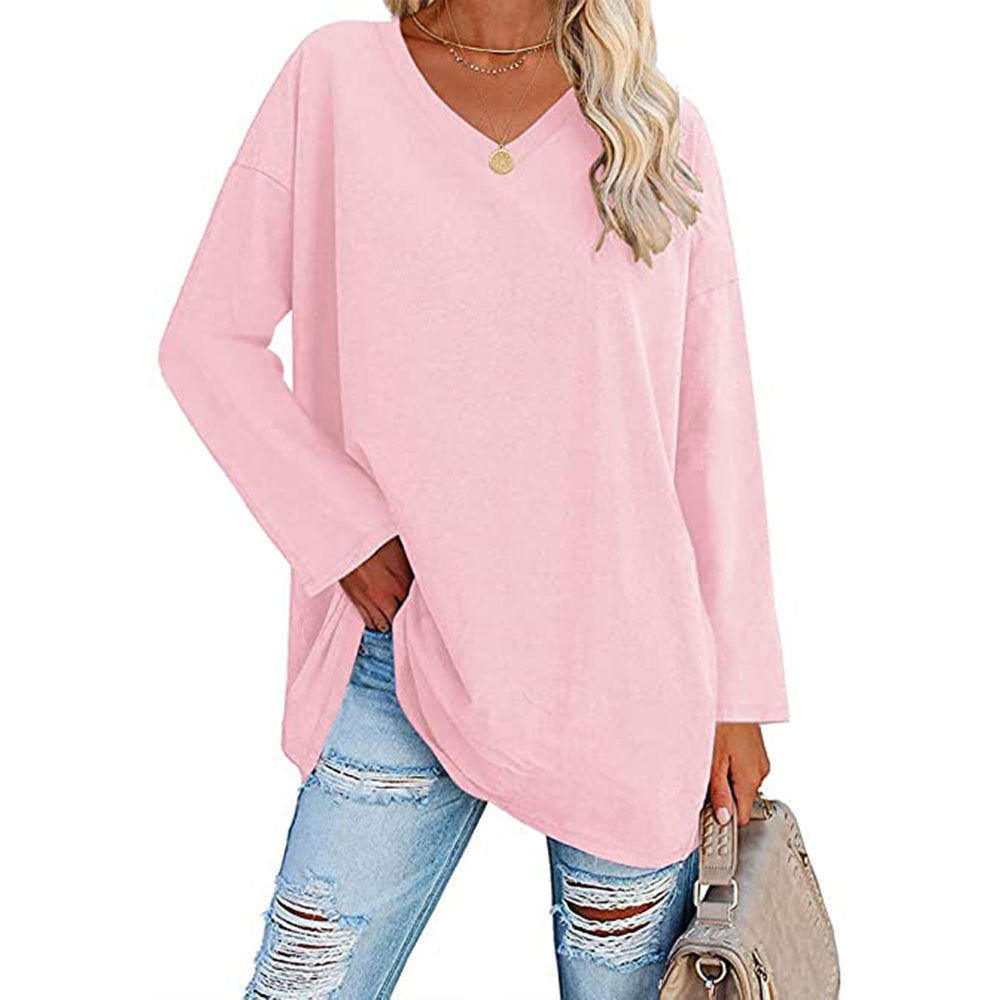 Oversized V-Neck Drop-Shoulder Casual Cotton T-Shirt