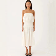Sleeveless Solid-color Crew-neck Pleated Waist-defined Elegant Long Dress with a High-end Feel