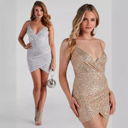 Womens Sexy V-neck Sequined Bodycon Strap Dress