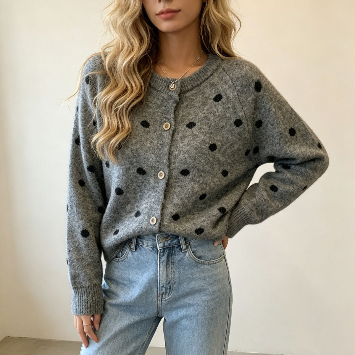 Contrast-color Polka-dot Casual Knit Sweater Womens Crew-neck Pullover Cardigan