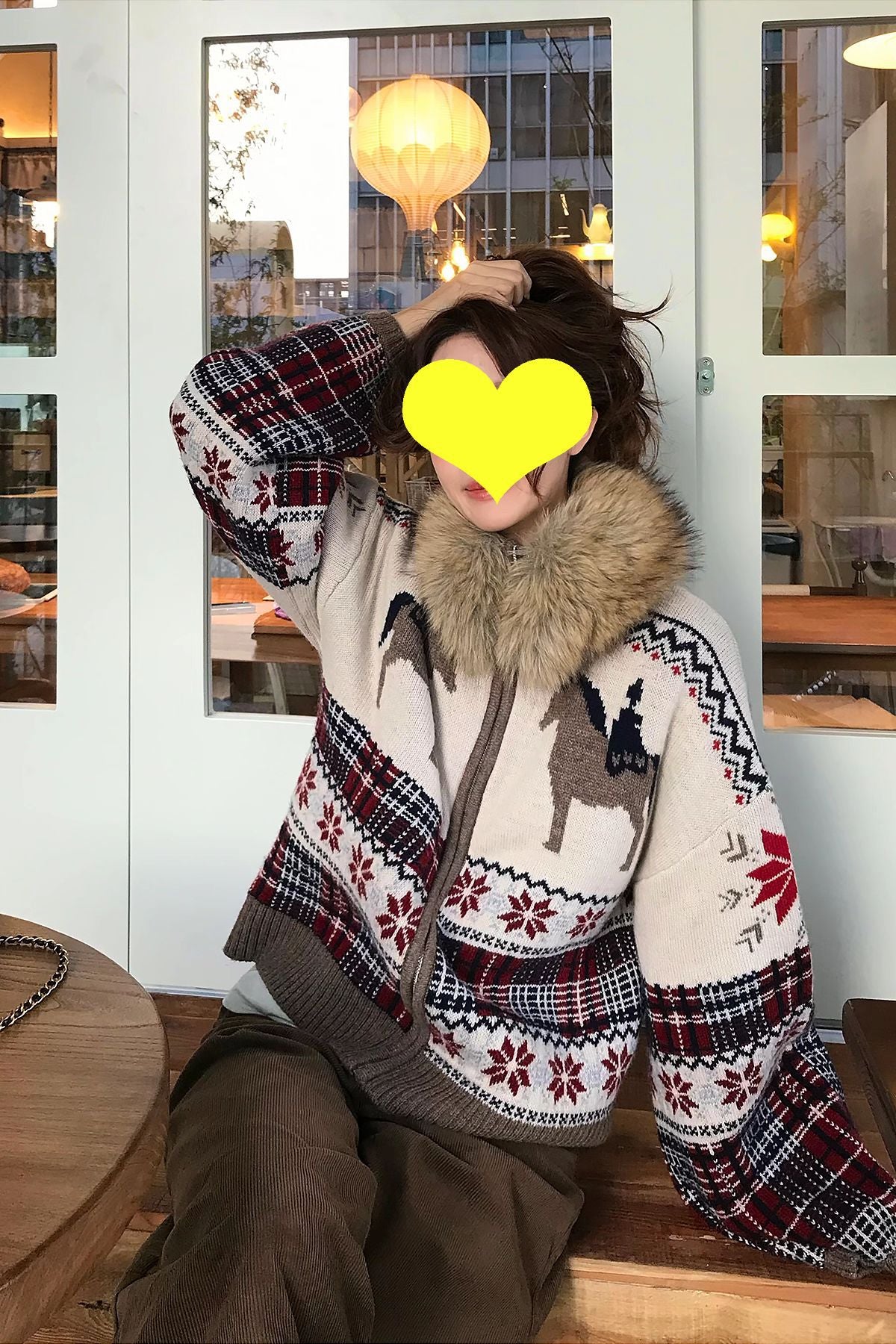 Womens Retro Color-block Fur-trim Cardigan Sweater