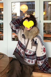 Womens Retro Color-block Fur-trim Cardigan Sweater