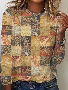 Gradient Floral Print Long Sleeve Round Neck Top