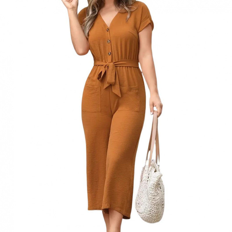 V-neck Fashionable Short-sleeve Belted Jumpsuit