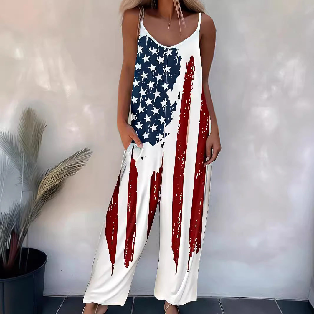 Women's Printed Casual Suspender Jumpsuit