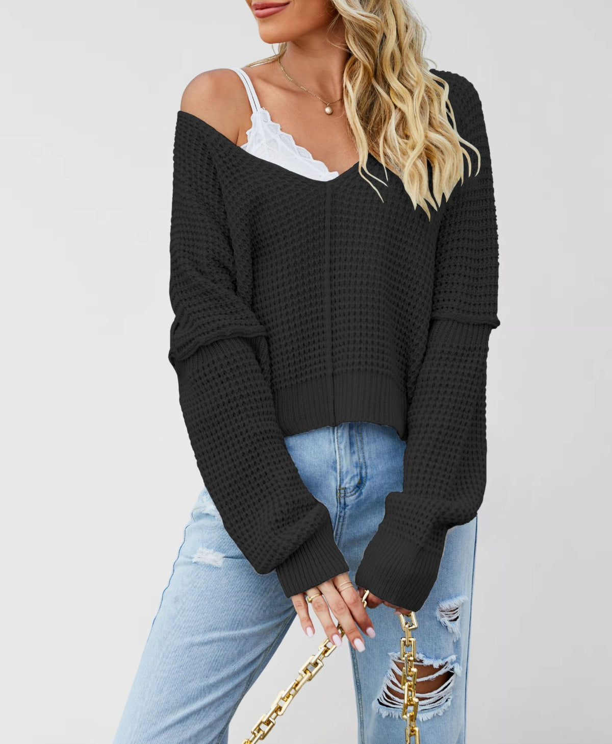 V-neck Solid Color Off-shoulder Loose Hot Sale Knitted Sweater