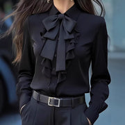 Elegant Ruffle-Trimmed Shirt With A Flowing Bow Tie For Women