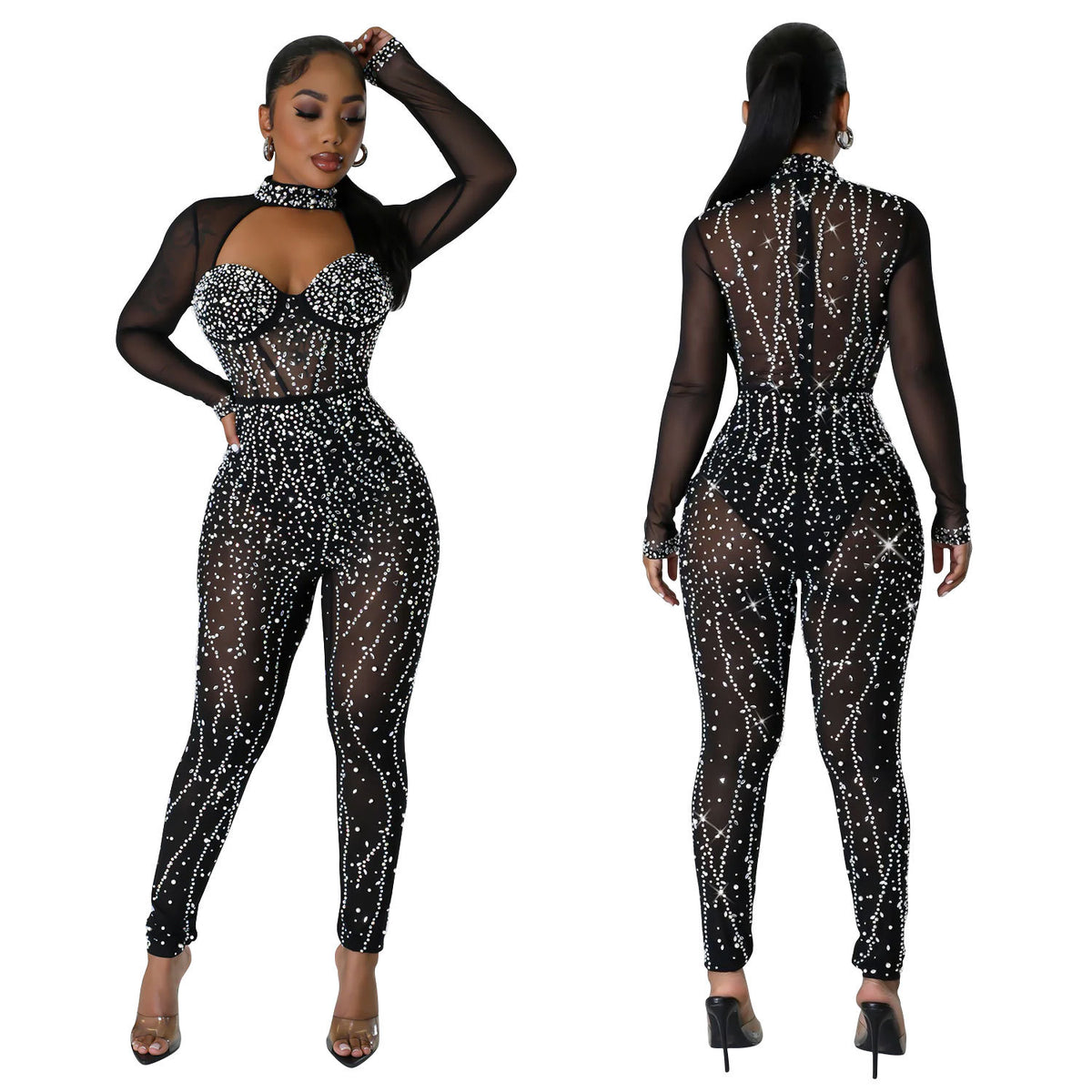 Women's Mesh Rhinestone Long Sleeve Jumpsuit