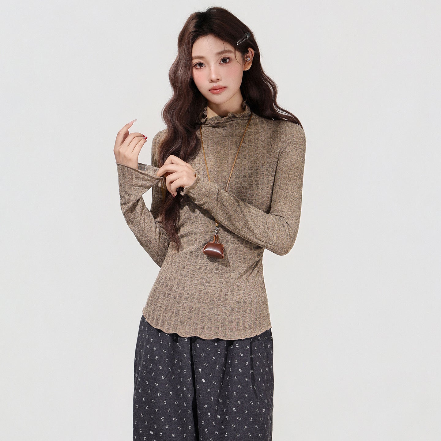 Women's Brown Semi-high Neck Ruffled Waist-cinching Long-sleeved Base Shirt