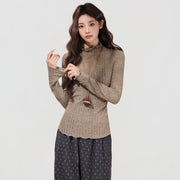 Women's Brown Semi-high Neck Ruffled Waist-cinching Long-sleeved Base Shirt