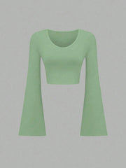 Slim-Fit Scoop Neck Bell Sleeve Crop Top