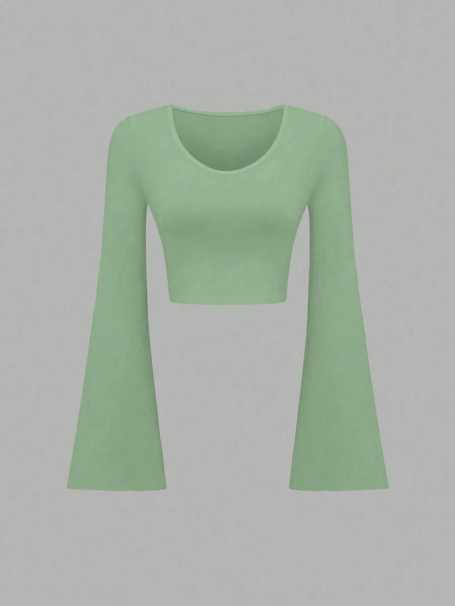 Slim-Fit Scoop Neck Bell Sleeve Crop Top