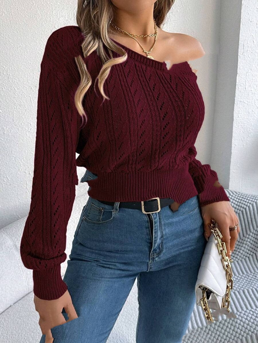 European and American Fashion Cable-knit Off-shoulder Short-length Long-sleeve Top