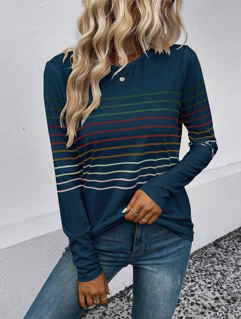 Women's Striped Round Neck Long Sleeve Casual Top
