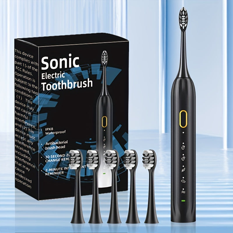 Sonic Electric Toothbrush with Metal Shaft and Rechargeable USB Charging, IPX8 Waterproof, Includes 5 Replacement Brush Heads