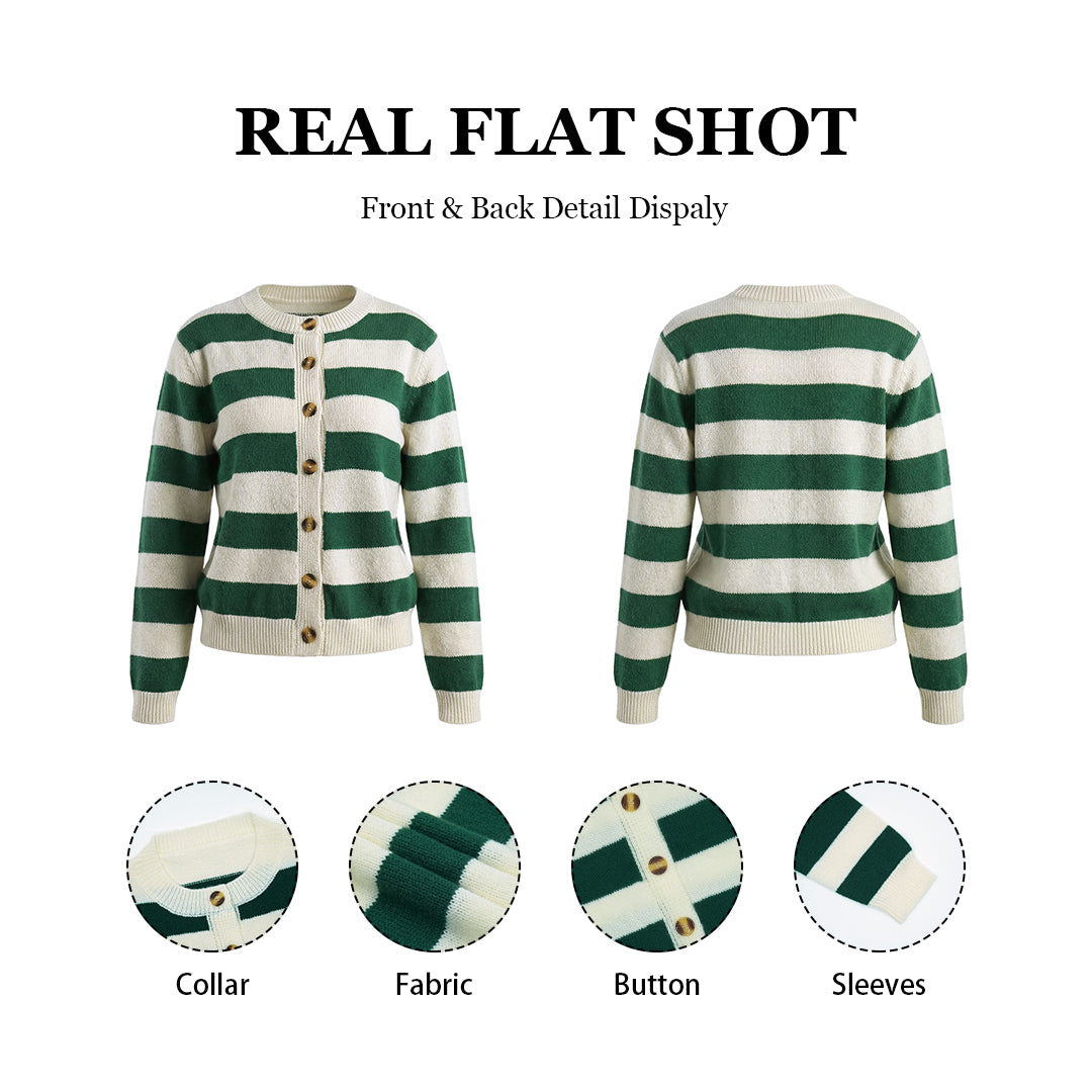Women's Striped Knit Cardigan Green White Crewneck Button Up Sweater Casual Long Sleeve Knitwear