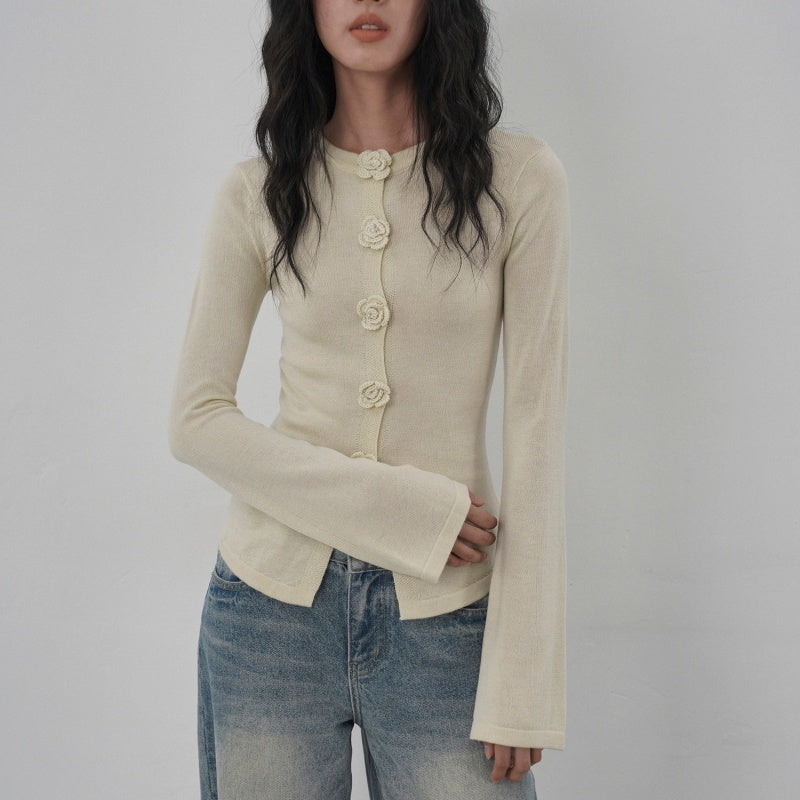 3D Flower-Button Knit Sweater – Slim Fit Autumn Pullover