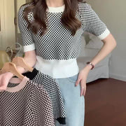 Retro Plaid Color-Block Slim Fit Short Sleeve Top – Elegant Workwear