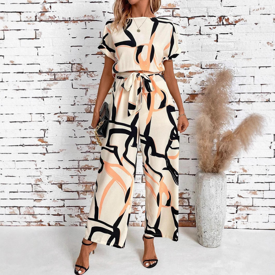 Retro Floral Short-Sleeve Waist-Cinching Jumpsuit
