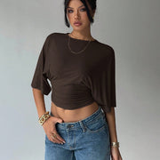 Women's Cropped Mid‑Sleeve T‑Shirt – Slim Fit Solid Color Top