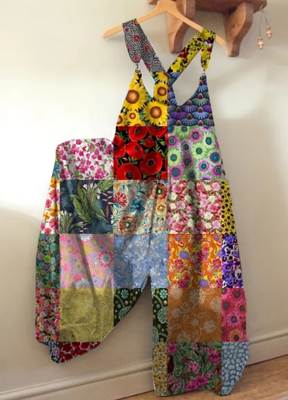 Bohemian Style Colorful Patchwork Overalls Wide-leg Jumpsuit For Women