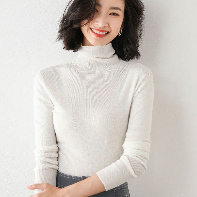 Womens Solid-color Slim-fit Knitted Bottoming Shirt