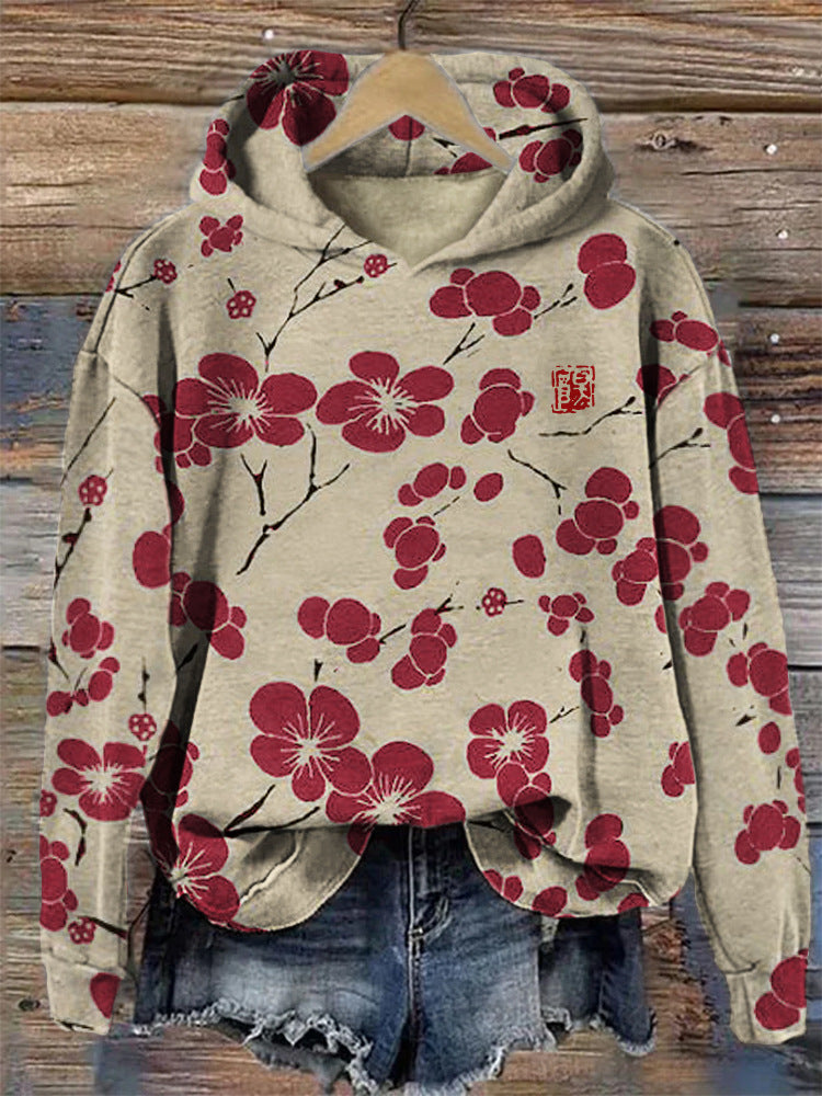 Plus Size Plum Blossom Hooded Casual Pullover