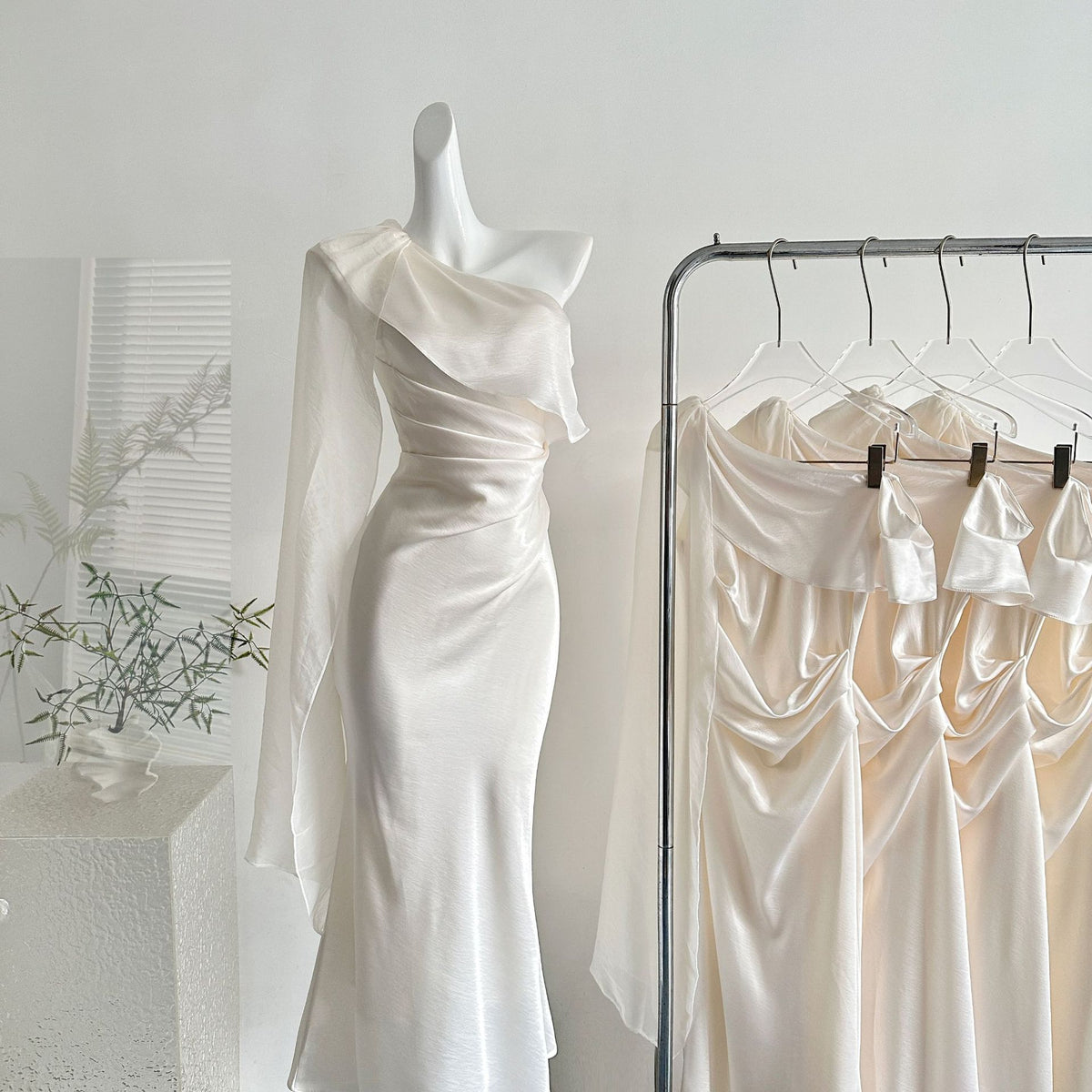 New White Satin Off-the-shoulder Dress