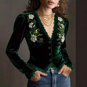 Retro V-Neck Puff Sleeve Shirt – Floral A‑Line Long‑Sleeve