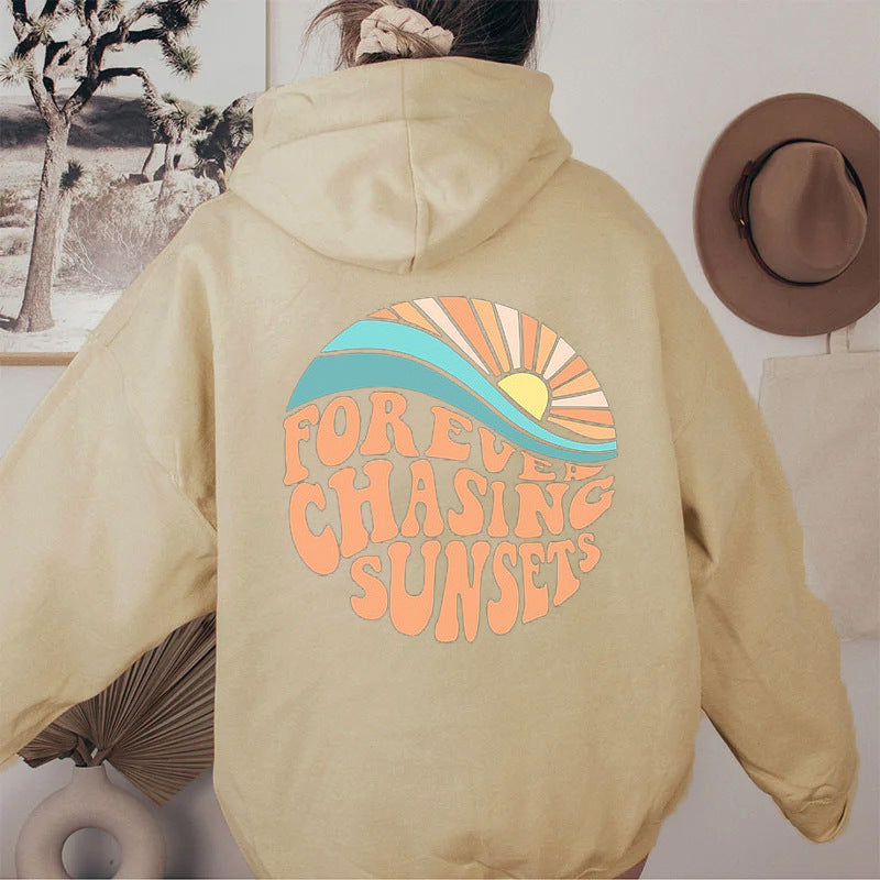 Sunset Print Fleece-Lined Kangaroo Pocket Hoodie