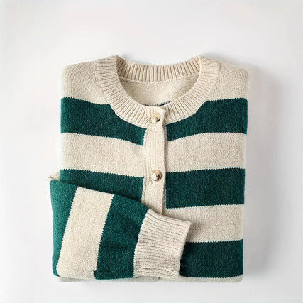 Women's Black and White Striped Knitted Cardigan Loose and Lazy Style High-grade Outer Wear Thick Sweater