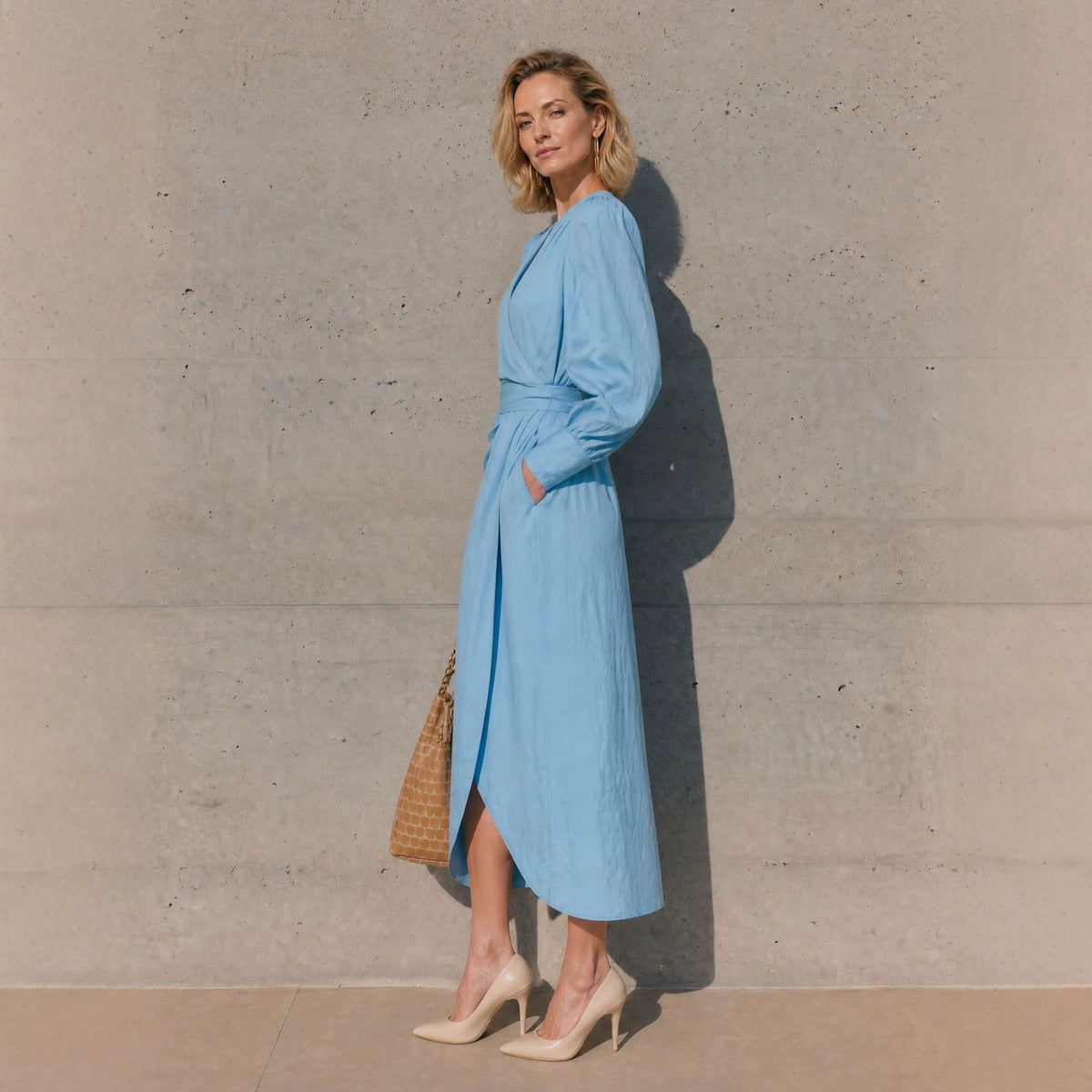 Long-sleeved, Waist-cinched Dress with a Tie and Bow Detail