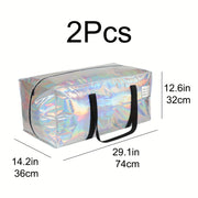 2-Piece Large Silver Moving Bags with Zippers and Handles – Foldable Fabric Totes, Space-Saving Alternative to Boxes, Includes Reusable Shopping Bag