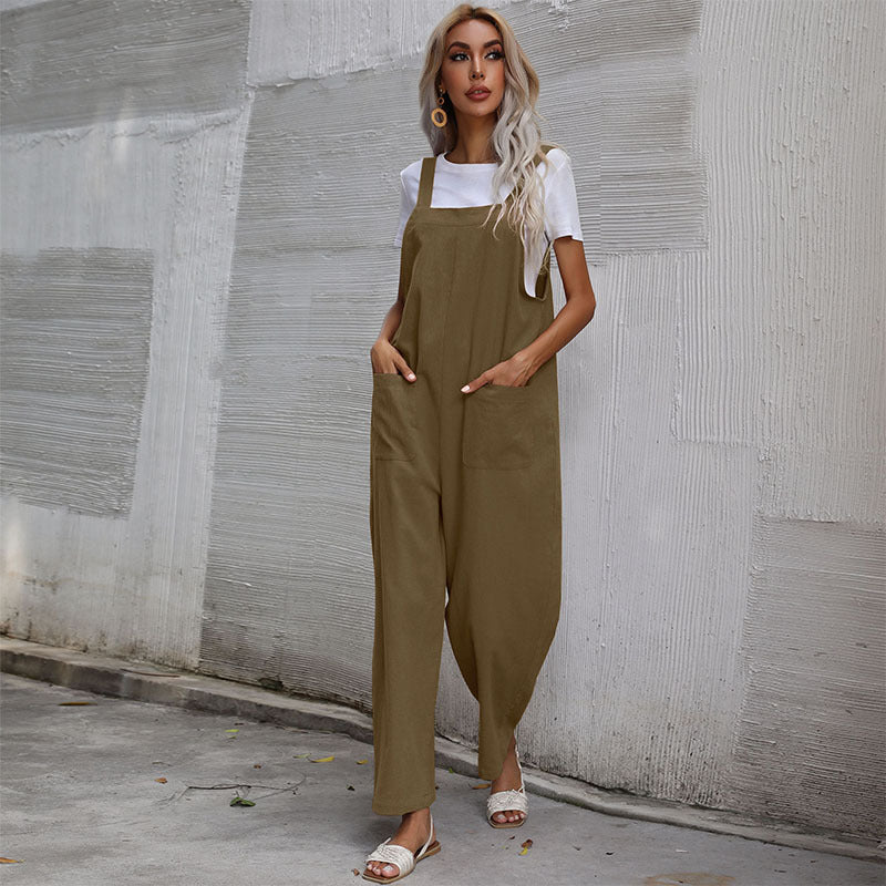 European And American Style Casual Simple Pocketed Sleeveless Suspender Jumpsuit