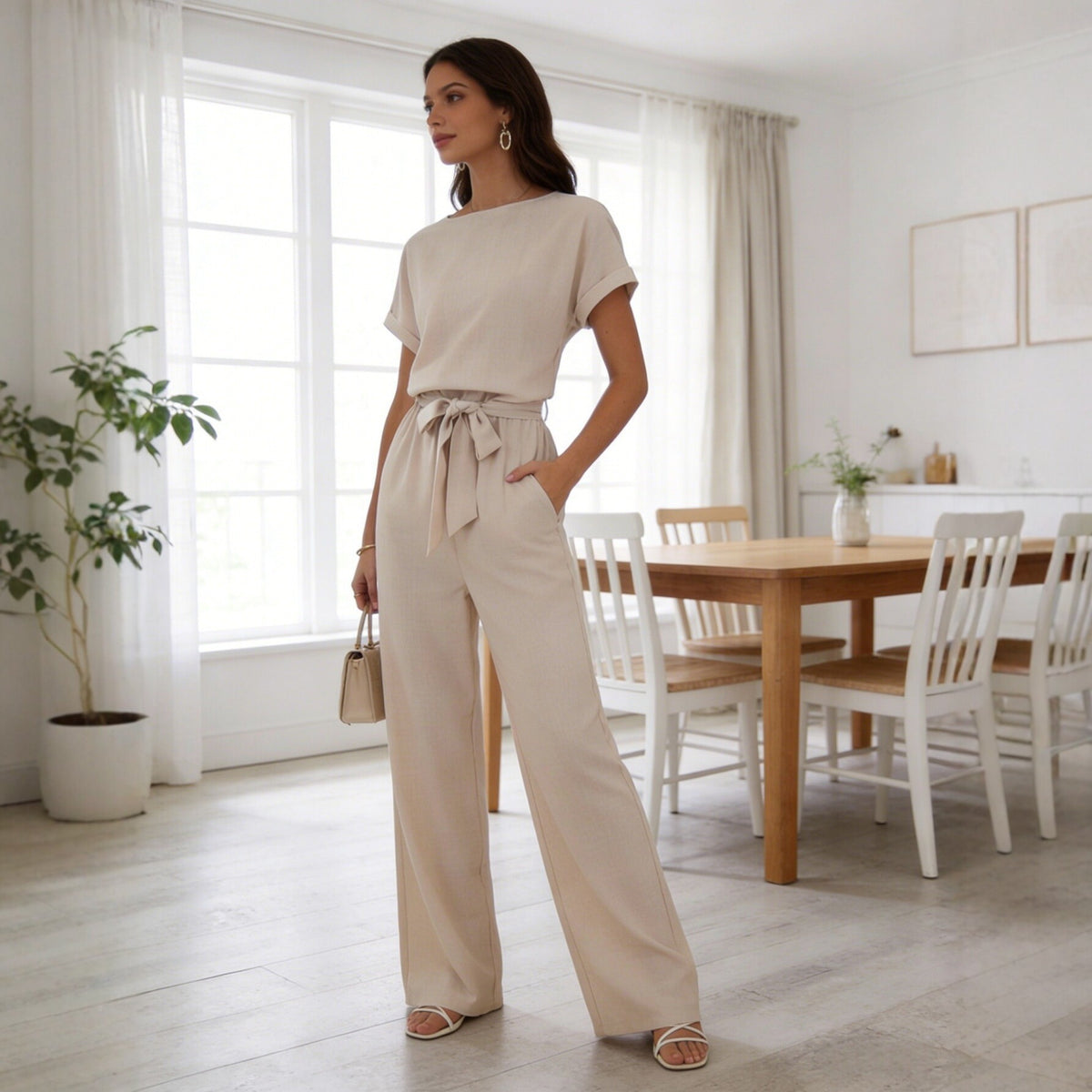 Casual Solid Color Drawstring Wide-Leg Pants