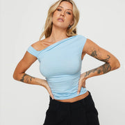 Slim-Fit Sleeveless Pleated Top with Diagonal Collar – Light Blue