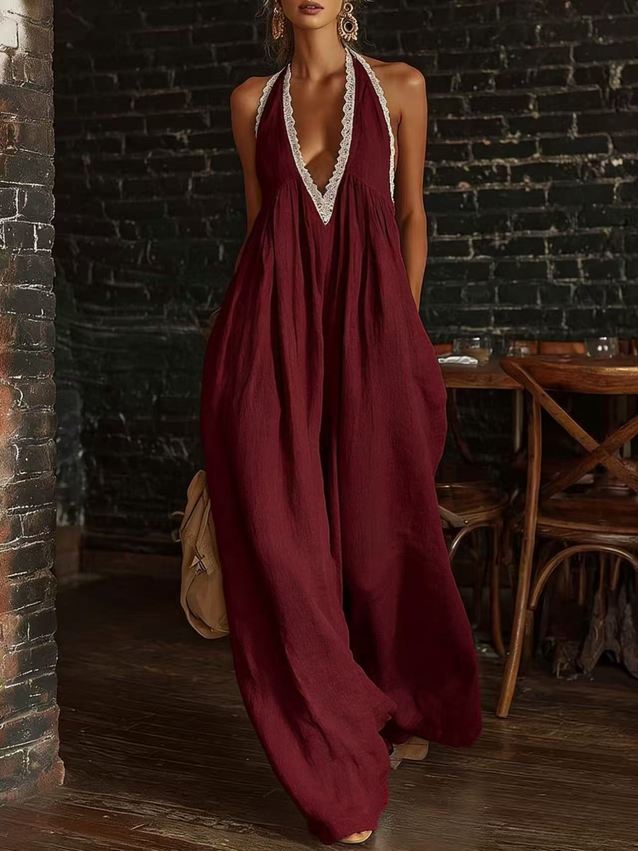 Casual Lace-Trimmed Loose Linen Jumpsuit