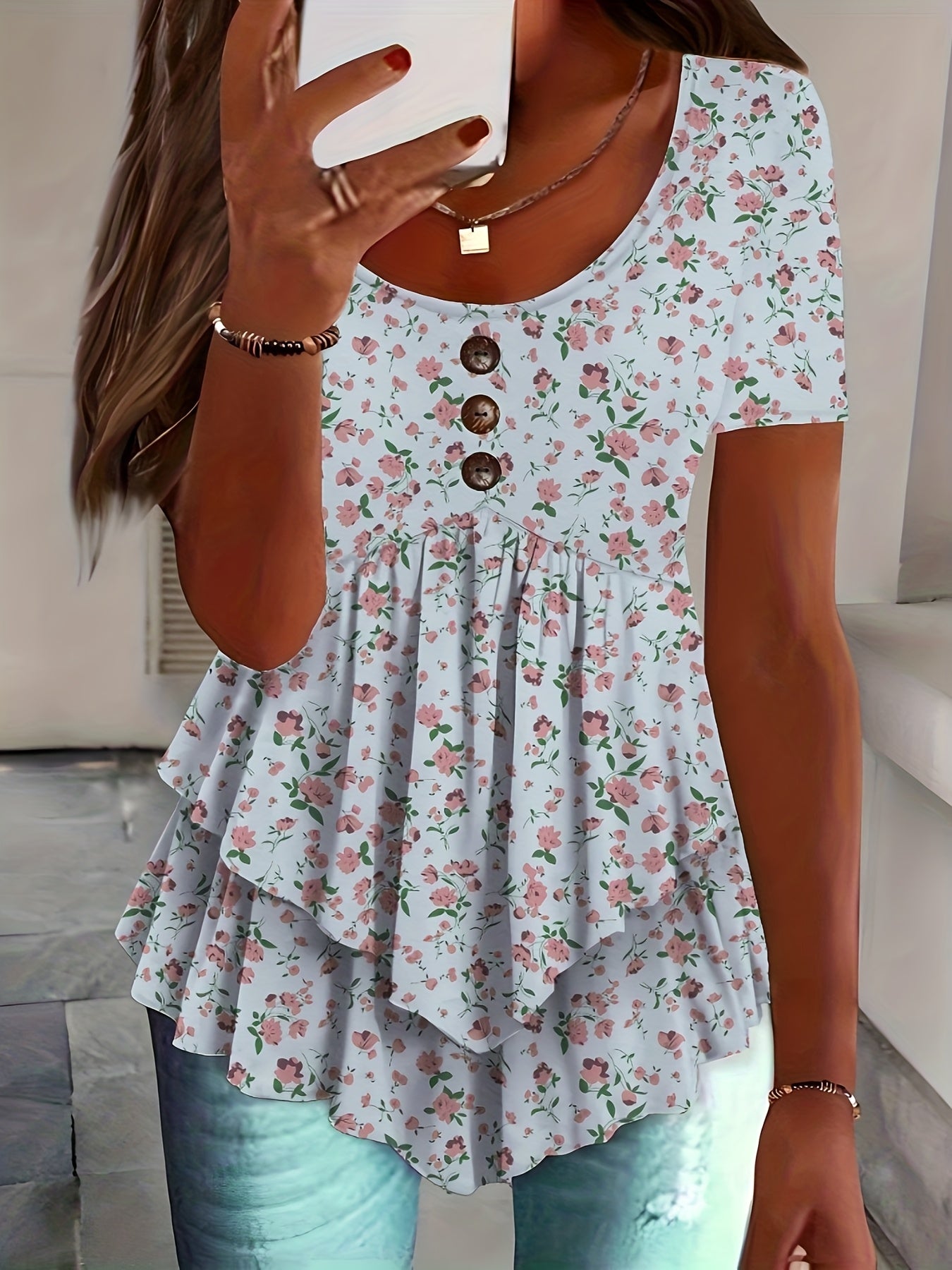 Plus Size Ruffle Short Sleeve Tee – Casual Printed Top