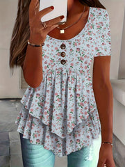 Plus Size Ruffle Short Sleeve Tee – Casual Printed Top