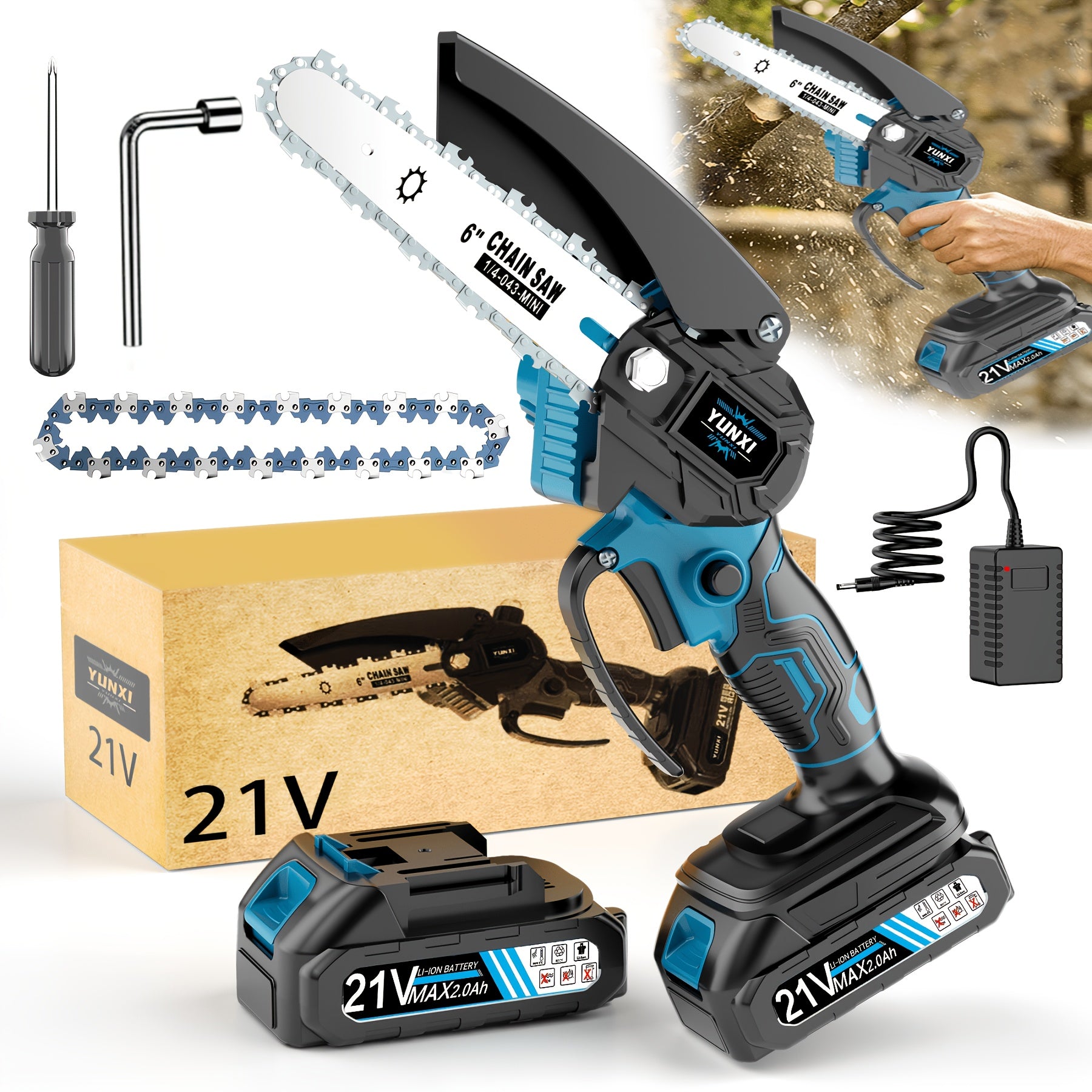 Mini Cordless Chainsaw – Lightweight Handheld Electric Tree Cutter with Splash Guard, Safety Lock, Optional Rechargeable Battery
